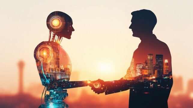 Future of work concept: humanoid robot and business leader partnership as automation reshapes jobs