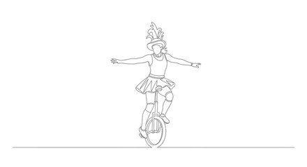 Circus performer balancing on unicycle, continuous line art drawing, minimalist style © Azizi