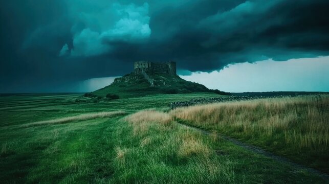 A dramatic landscape with a ruined stone castle under a dark sky.