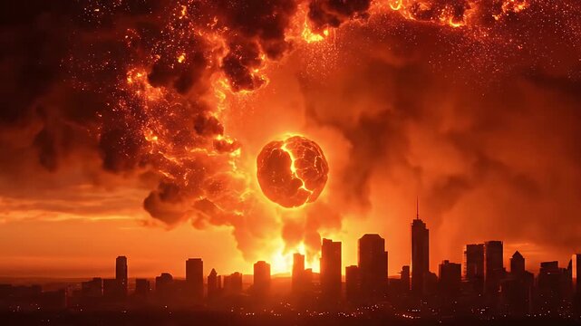 Massive Swirling Flame Storm and Central Fireball above Metropolis - Realistic VFX Disaster Scene
