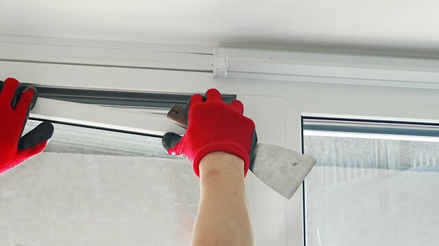 Worker removing window glazing bead from plastic frame during glass replacement in apartment. Home repair and window maintenance process concept.