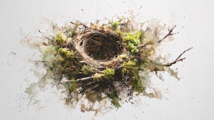 Naklejka premium Soft Watercolor Painting Bird's Nest Made of Twigs and Green Moss
