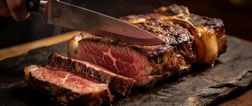 Grilled steak sliced beef juicy meat medium rare carving knife rustic slate closeup food gourmet dinner restaurant style hot meal chef hand sharp knife cutting board rustic style barbecue rustic