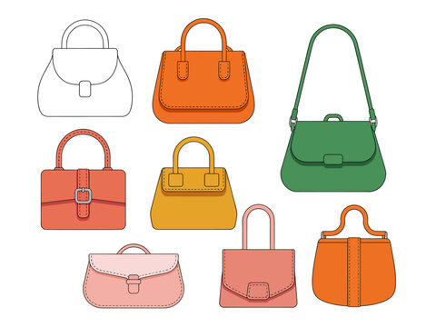 Collection of various colorful handbags and purses for women  fashion accessories