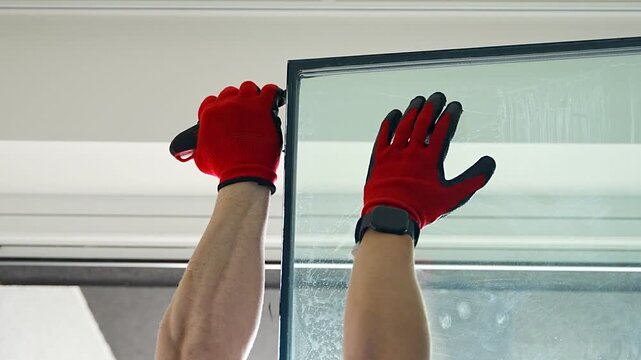 Worker separating triple glazed window glass unit into individual panels for safe handling and disposal after damage in apartment. Window repair, glass recycling and maintenance process concept.