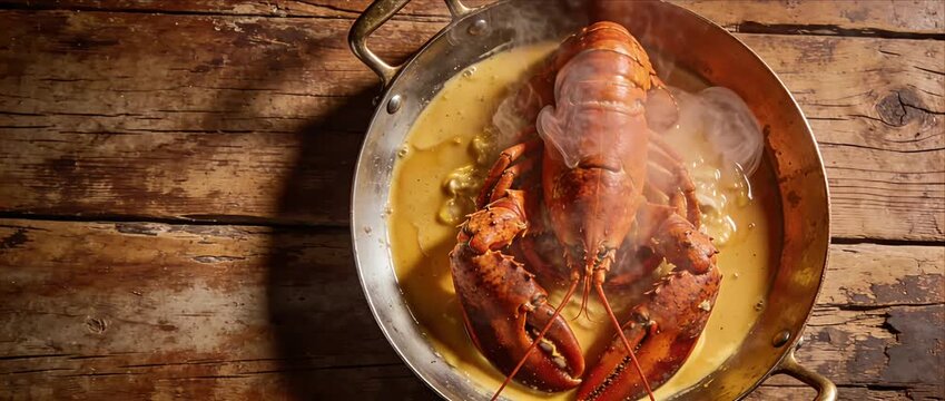 Lobster seafood shellfish cooked boiled steaming butter sauce gourmet rustic wooden table cuisine dinner meal lunch protein fresh hot traditional pan kitchen restaurant plate dish whole lobster