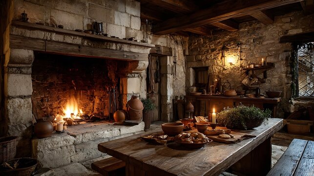 Cozy interior of a stone room featuring a fireplace, wooden table, and dim candlelight