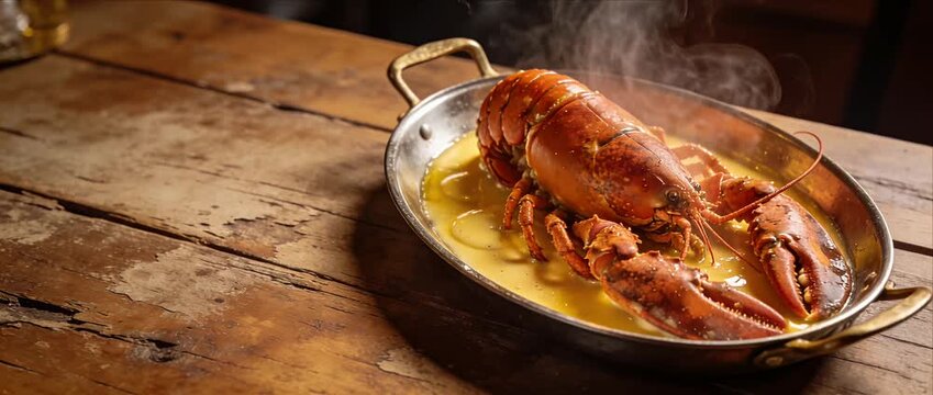 Whole lobster seafood gourmet butter sauce on rustic table with copper pan cooked dinner luxury restaurant style steamed lobster shellfish meal hot golden gravy comfort cuisine rustic wooden dining