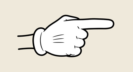Obraz premium Cartoon Hand with White Glove Pointing Rightward in Comic Style on Light Beige Background.