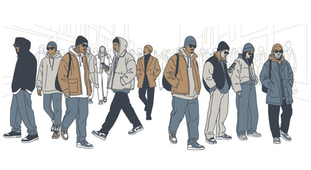 Obraz premium Diverse Group of Young Men Walking on a Busy Urban Street in Streetwear Fashion.