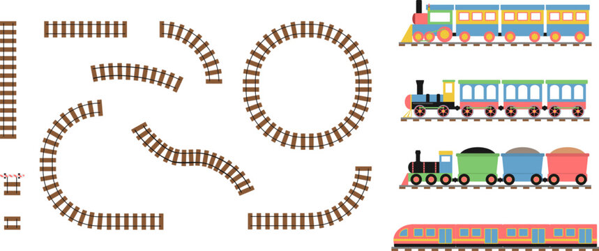 Toy train set with railway tracks, locomotive, wagons, passenger and cargo transport, cartoon vector illustration.