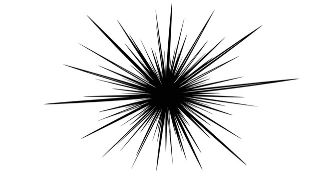 Black Starburst Explosion with Sharp Radial Lines, Isolated White Background.