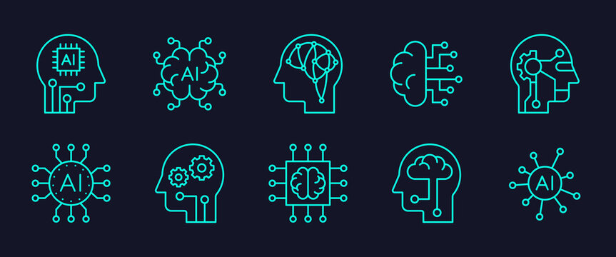AI Agents automated brain driven icon set for autonomous artificial intelligence concept. Cognitive ai semiconductor chips assistant robot icons include humanoid future tech, data analyzing algorithm.