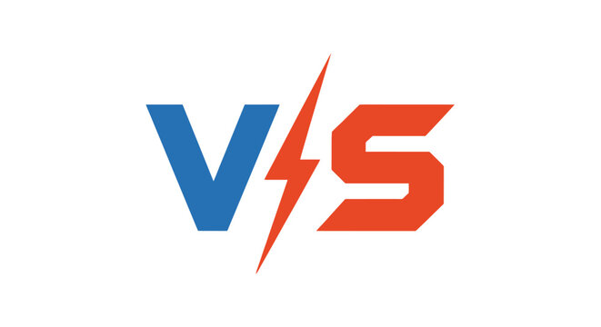 Blue V and Red S Letters with White Lightning Bolt, Symbolizing Versus and Competition, on isolated white background.