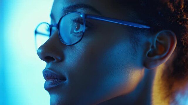 Portrait of introspective individual, focus on eye contact. Modern setting, subtle lighting highlights facial features.