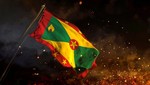 Grenada Flag Waving in Sunset Sky Caribbean National Symbol Background
