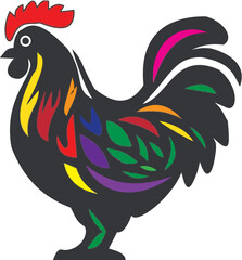 Isolated red and black rooster vector illustration featuring a cartoon cockerel bird with detailed feathers and a sharp beak, perfect for farm animal poultry icons on a white background © Bappa