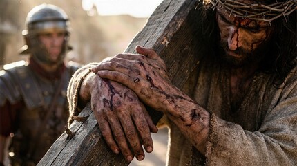 Fototapeta na wymiar Good Friday, Jesus Christ bearing the heavy wooden cross, suffering evident, bloodied hands and face, crown of thorns, painful journey to Calvary, Roman soldier observing