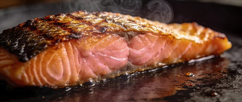 Grilled salmon fillet seafood fish dinner lunch meal cuisine gourmet macro closeup crispy skin juicy pink flesh hot skillet smoky steam rising rustic cooking baked fried golden pan seared protein