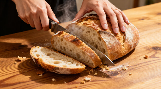 Woman cutting freshly baked bread at wooden table, closeup