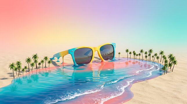 Vibrant summer sunglasses melting into a colorful beach scene