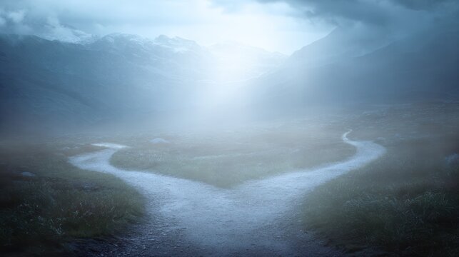 A conceptual image of a single path dividing into two roads in a misty landscape, symbolizing life choices and uncertainty. wellbeing guides.