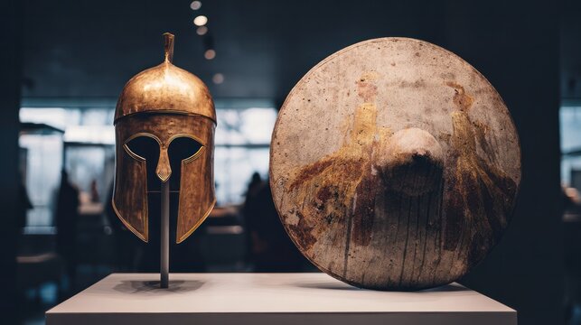 A bronze helmet and a round shield displayed on a museum pedestal. event programs, museum guides, designed for cultural heritage projects and event programs, elevates cultural identity.