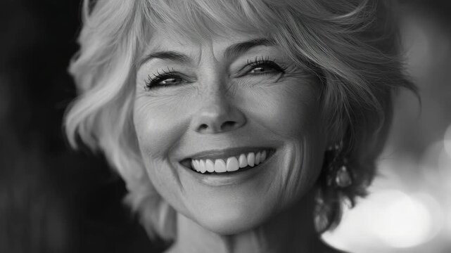 A smiling, joyous woman with elegant attire. Great for themes related to celebrity portraits, happiness, and confidence.