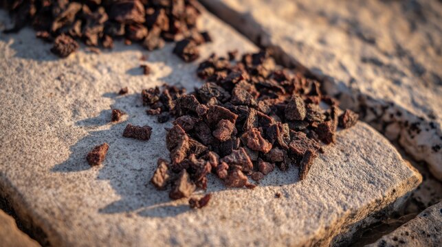 Dried grape pomace fragments scattered on sunlit stone slabs. menu design, packaging mockups, designed for culinary blogs and recipe cards for restaurants, used by videographers.