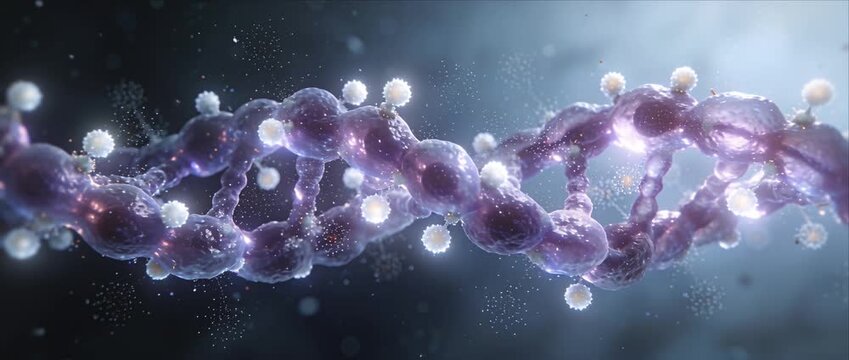 Futuristic dna molecule helix genetic research science medical biotechnology abstract background with glowing nanotechnology molecular structure virus particle innovation glows softly video style