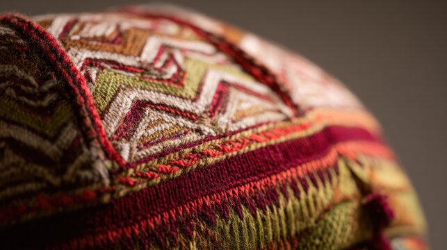 Colorful traditional Andean knitted hat with intricate geometric patterns. event programs, museum guides, designed for cultural heritage projects and event programs, preserves heritage.