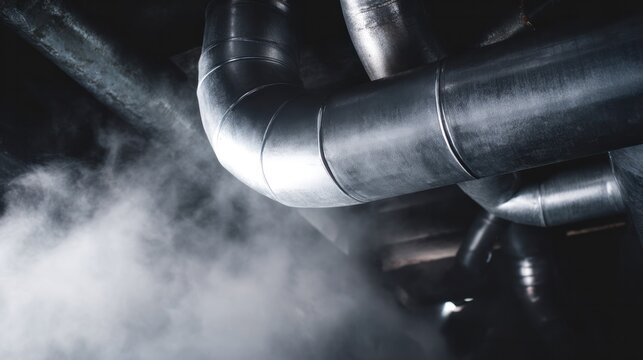 Massive silver pipe network in an industrial plant partially obscured by steam. safety posters, maintenance manuals, designed for precision metalworking and fabrication facilities.
