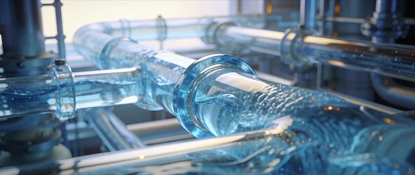 Transparent water pipe industrial pipeline clean liquid flow blue technology fluid motion factory interior metal structure sanitation system futuristic design clear stainless steel plumbing network