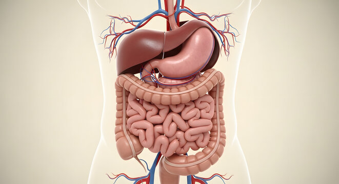 Human Digestive Anatomy with Liver, Stomach, Small and Large Intestine &ndash; Detailed Vascular Network