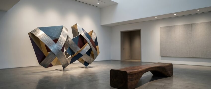 Contemporary art gallery interior featuring a large abstract metal sculpture and a wooden bench in a minimalist white exhibition space. Modern art, museum design, cultural venue.