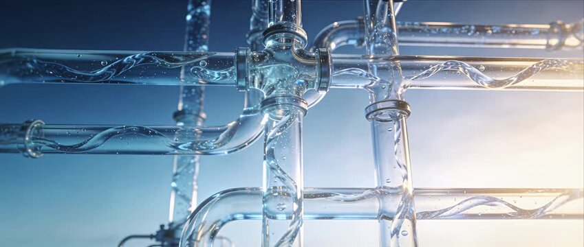 Glass pipeline water flow network transparent tube fluid motion abstract industrial system blue sky sunlight clean technology concept fantasy art modern water pipe glass pipe clear tube fluid flow