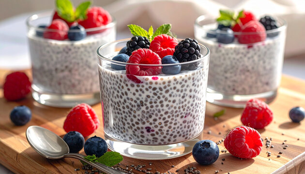 Chia seed pudding with berries delicious and healthy dessert presentation