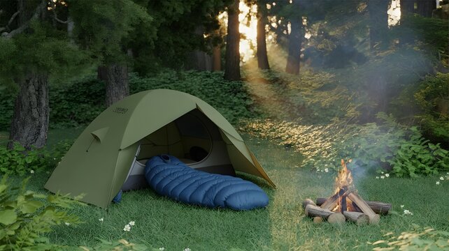 Camping in forest with tent, sleeping bag, and campfire