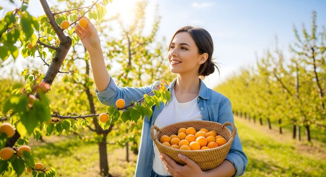 A happy smiling young woman wears a denim shirt while harvesting fresh organic ripe orange apricots into a woven basket from a tree in a sunny green agricultural orchard.