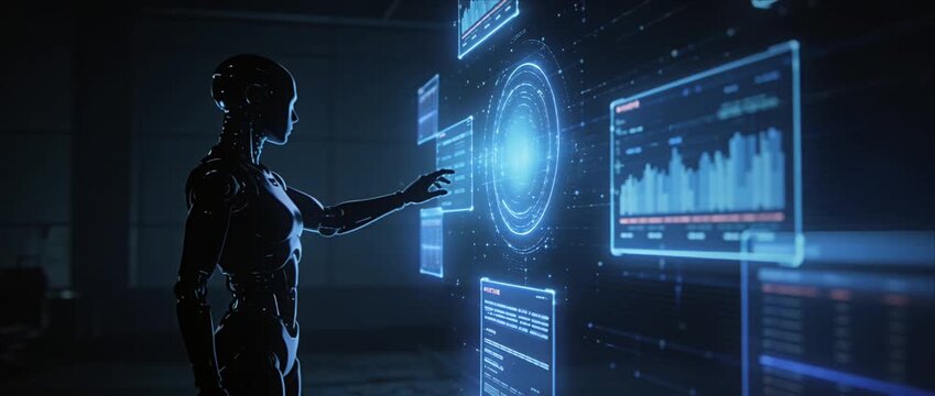 Futuristic robot android cyborg artificial intelligence ai hologram data analysis technology interface virtual screen visualization analytics cyber digital innovation future concept