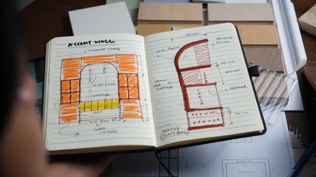 Designer workspace with materials, textures, layout, concept sketches and renovation planning