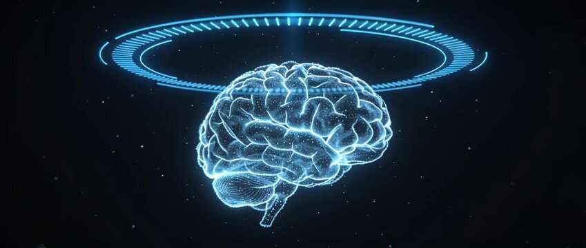 Digital brain hologram artificial intelligence neural network innovation technology science data cyber futuristic glowing concept of virtual mind interface and virtual reality cyber interface data