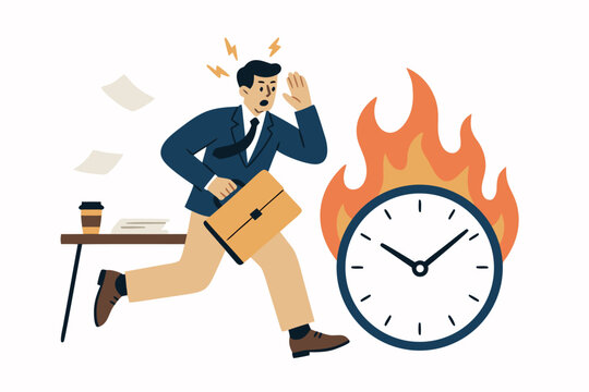 Businessman running late with briefcase next to burning clock, vector illustration