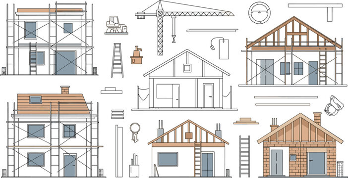 House construction site vector illustration set featuring residential building projects under development with scaffolding cranes ladders and framing