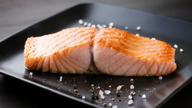 Raw salmon fillet seasoned with coarse salt and pepper lies on a dark plate in soft light, highlighting texture and freshness in a refined gourmet food concept