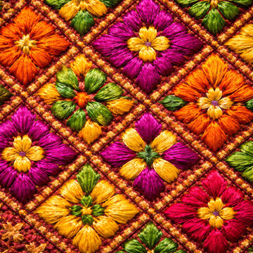 Authentic Traditional Punjabi Phulkari Embroidery with Geometric Floral Bagh Motif on Coarse Khaddar Cotton