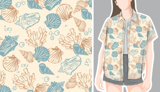 Vector pattern of seashell and coral You can change element and background color from the EPS file.