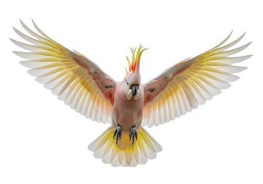 Vibrant rosella parrot in flight with spread wings and crest raised on PNG format and transparent background.