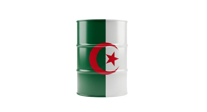 ​A metallic oil barrel featuring the national flag of Algeria with its crescent and star isolated on transparent.