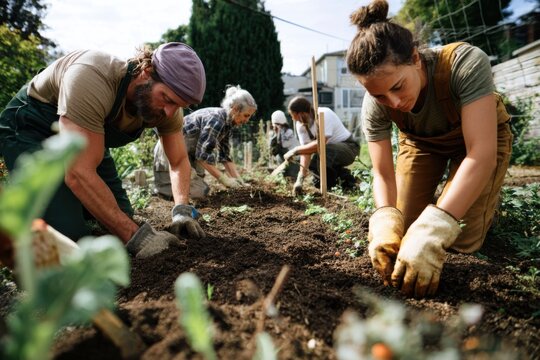 Urban Sustainability, Dedicated Neighbors Collaborating and Growing Food in Community Garden